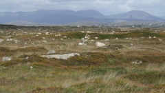 Landschaft der Connemara, im Hintergrund die Höhenzüge der Twelf Pins.