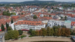 Bayreuth von der Dachterrasse des Neuen Rathauses: Blick zum Festspielhaus.