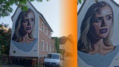 Urban Art in Bayreuth: Mural aus dem Zyklus 'She's back': 'Elisabeth Friederike Sophie von Brandenburg-Bayreuth' von Drew Merrit (Münzgasse 8)